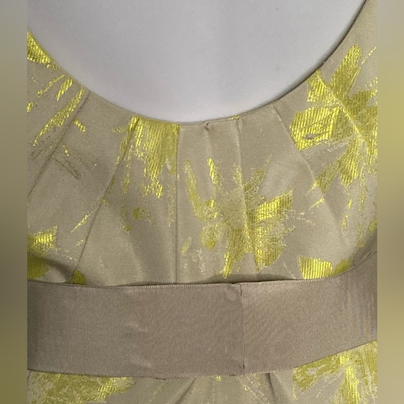 Lela Rose Beige & Chartreuse Floral Scoop Neck & Back Midi with Embellished Belt - Picture 4 of 12